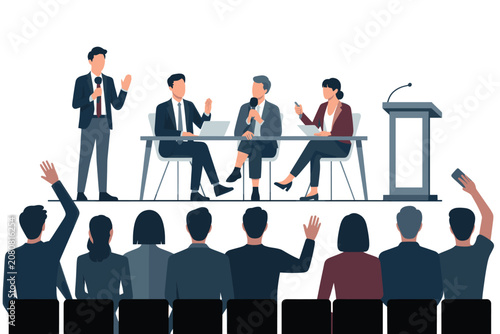 Business conference panel discussion with speaker and audience asking questions vector illustration