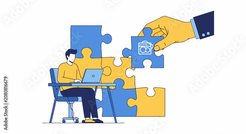Business Professional Working on Laptop with Giant Hand Placing Final Jigsaw Puzzle Piece for Concept of Completion and Success