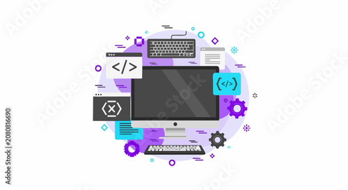 Web Development and Software Programming Illustration Featuring Computer Monitor, Keyboards, and Coding Symbols for Tech Concepts