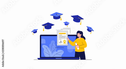 Online Education and Virtual Graduation Concept with Woman Holding Certificate, Laptop, and Flying Academic Caps - Vector Illustration
