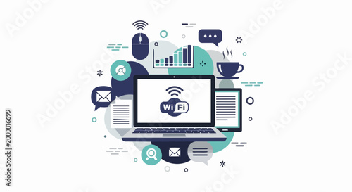 Flat Illustration of Modern Digital Workspace with Laptop, Wi-Fi Connectivity, and Business Technology Icons for Remote Work and Networking Concepts