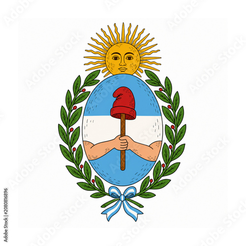 National Emblem of Argentina: A detailed illustration of the Coat of Arms of Argentina, featuring the Sun of May, crossed lances, and a Phrygian cap.