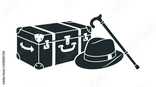 Bild auf Leinwand Vintage Travel Trunk with Fedora and Cane Vector