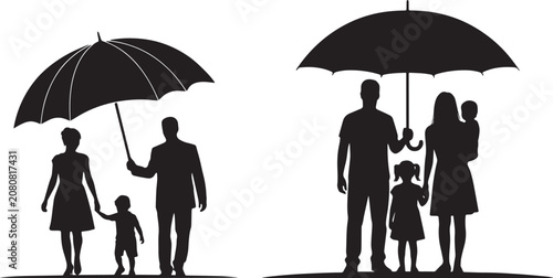 Black silhouette family under umbrella vector illustration, parents protecting children in rainy weather, love, safety and care isolated on white background