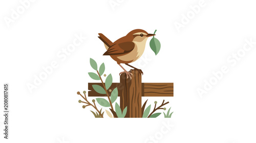 Wren Bird on Fence Post Vector Illustration