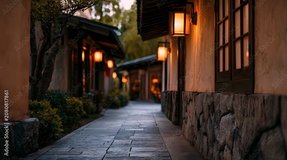 Fototapeta premium A quaint sunlit pedestrian walkway nestled between historic walls and charming shopfronts in a Mediterranean village setting