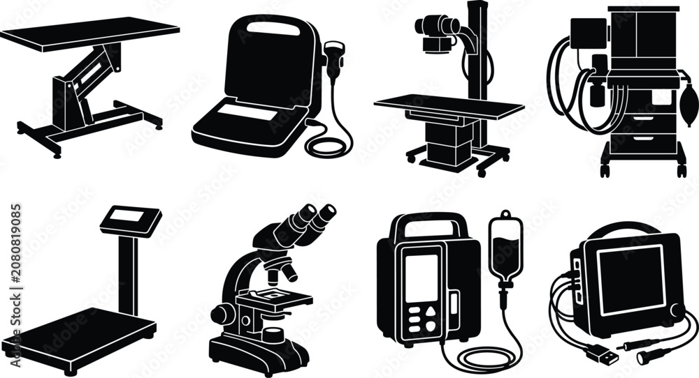 Fototapeta premium Medical and Laboratory Equipment Silhouette Vector Icons for Healthcare, Diagnostics, and Clinical Use