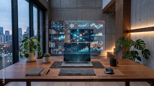 Modern artificial intelligence workspace with holographic technology, minimalist office design and premium productivity concept for business and digital innovation.