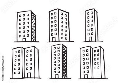 Doodles sketch high-rise building, set