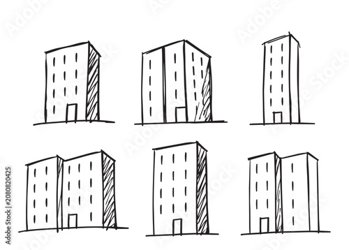 Doodles sketch high-rise building, set