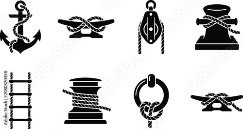 Marine Rope Knot and Nautical Equipment Silhouette Icon Set Featuring Anchor Cleat Bollard Pulley Ladder and Mooring Symbols