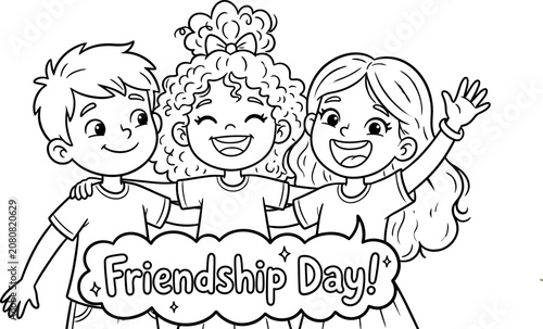 Happy friendship day with smiling kids and cloud sign