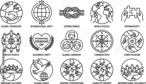 Diverse global community icons friendship unity and international cooperation vector set