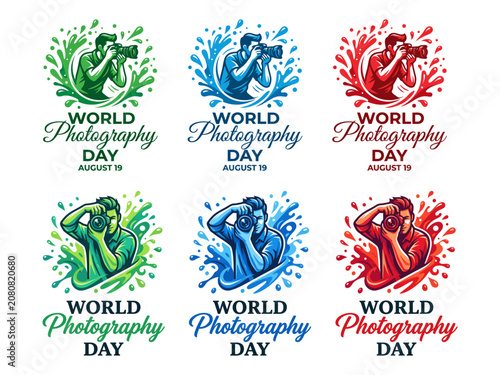 World photography day logos and badges in green blue and red colors