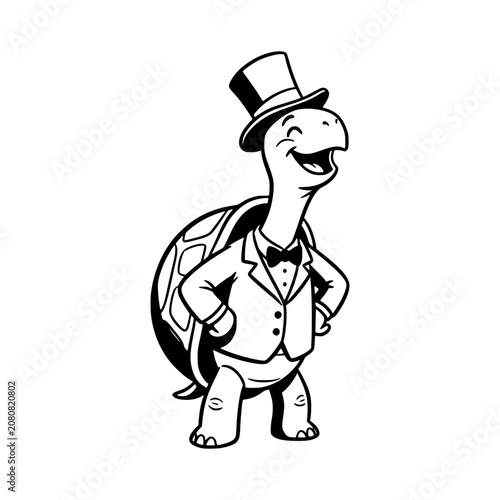 Dapper Tortoise in Top Hat and Tuxedo: A charming, anthropomorphic tortoise stands confidently, dressed in a formal suit complete with a top hat and bowtie.