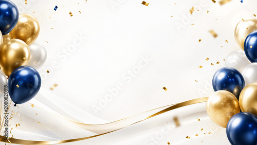 Festive celebration background with navy blue and gold balloons and falling confetti on white surface celebration confetti