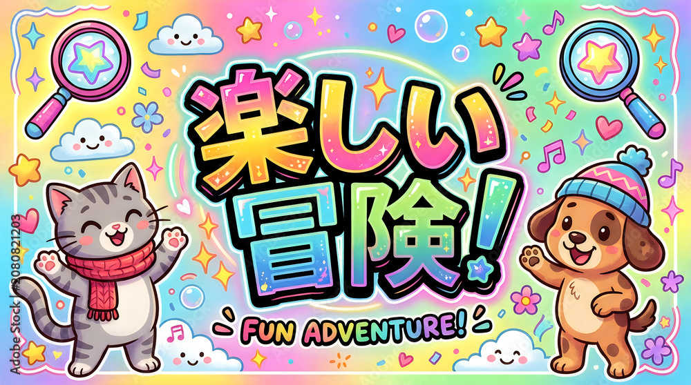 Fototapeta premium Cute Kawaii Cat and Dog Characters Featuring Vibrant Rainbow Pastel Colors and Playful Decorative Elements for Joyful Designs