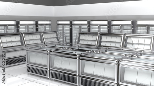 Vintage style refrigerated display cases with glass fronts and blank goods in a supermarket interior. 3d illustration