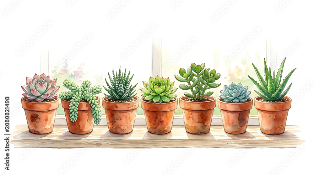 Fototapeta premium Collection of six potted succulent plants arranged on a wooden shelf in front of a window with soft natural light