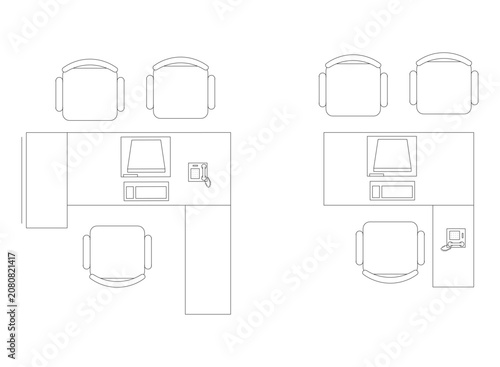 Top view line art drawing of two complete office workstations side by side, each with a computer telephone and multiple chairs.