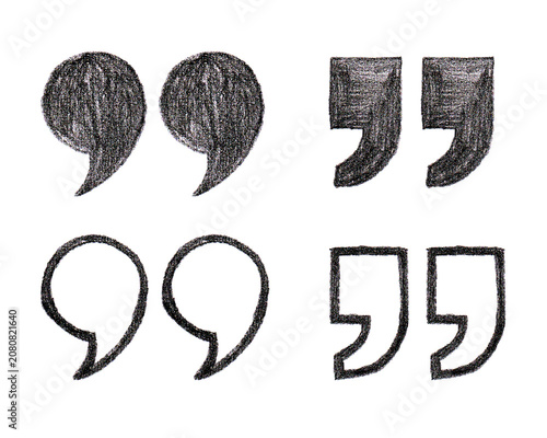 Set of 4 Hand-Drawn Black Charcoal Quotation Marks isolated on Transparent Background
