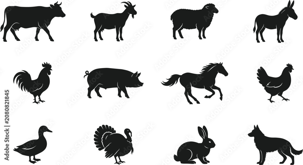 Fototapeta premium Farm Animal Icon Collection with Cow Goat Sheep Horse Pig and Poultry Silhouettes for Agriculture Education and Graphic Design Projects