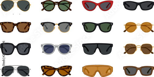Fashion Sunglasses and Summer Eyewear Vector Icon Set Featuring Aviator Wayfarer Cat Eye Clubmaster Round and Oversized Tortoiseshell Shades