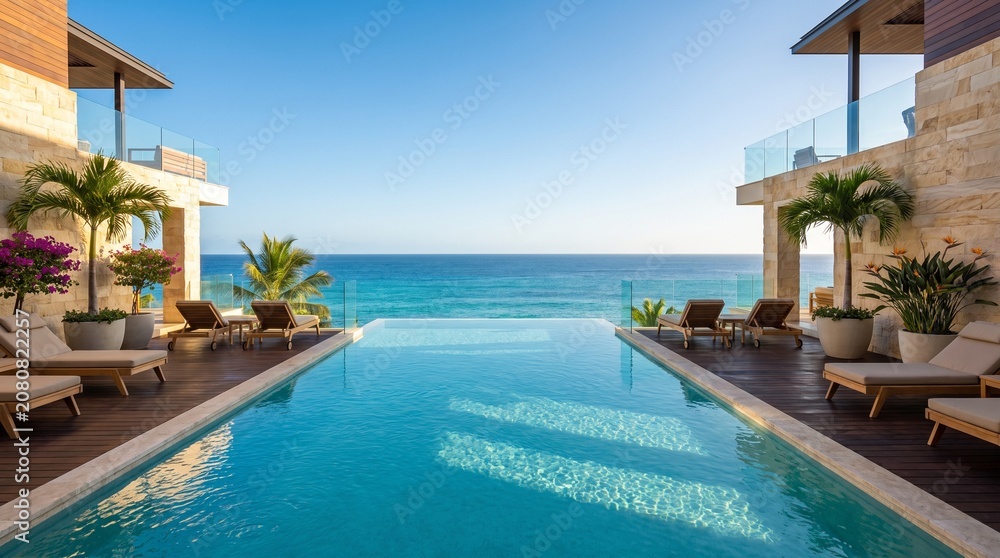 Fototapeta premium Swimming pool sits between luxurious resort buildings overlooking the expansive blue ocean horizon.