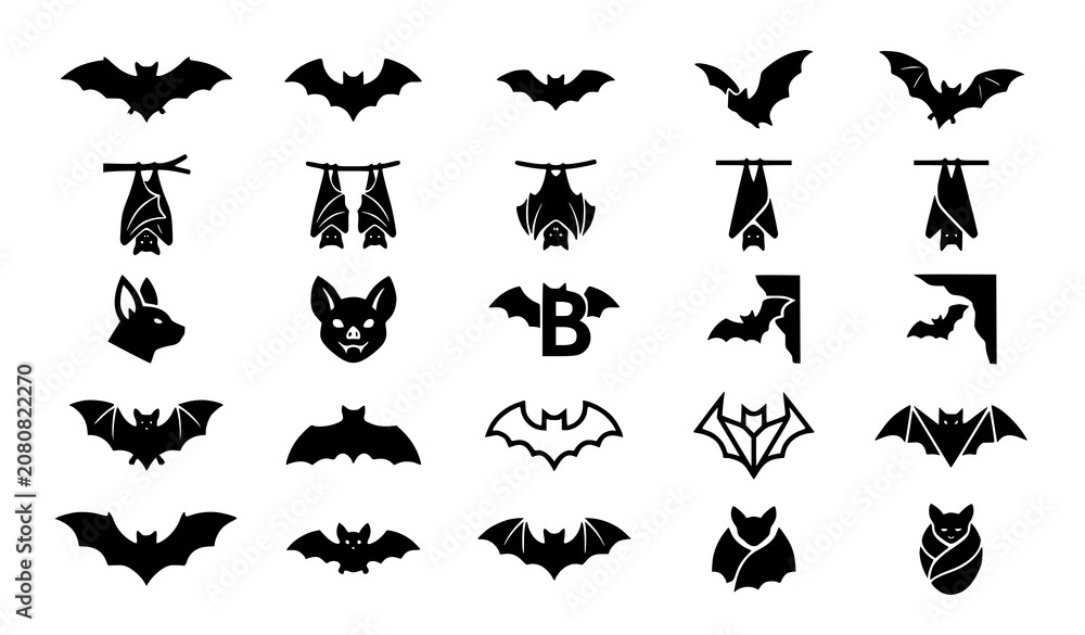 Fototapeta premium Minimal bat silhouette collection with flying mammal logo and wildlife vector icon set