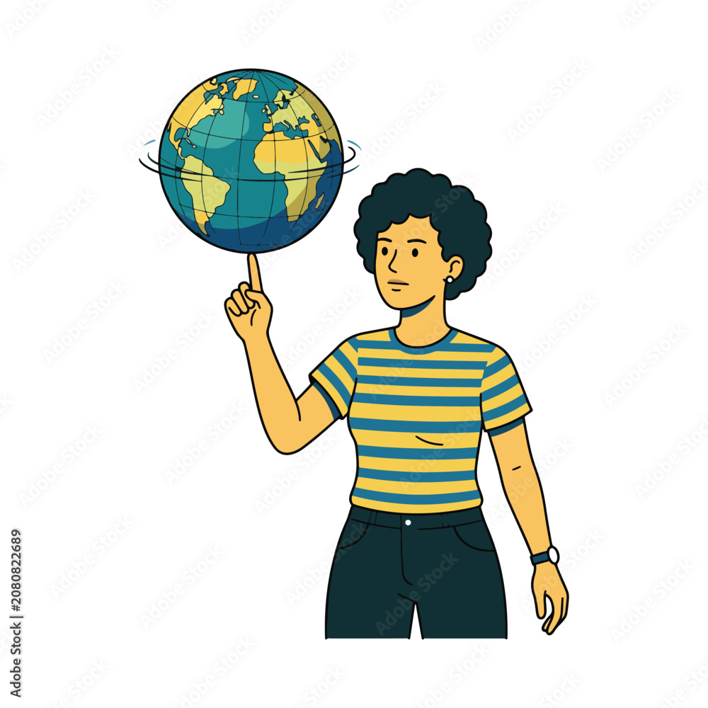 Fototapeta premium Illustration of a young person spinning a detailed globe on their finger as a metaphor for world