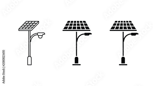 Three solar powered street lamps with panels on top are shown