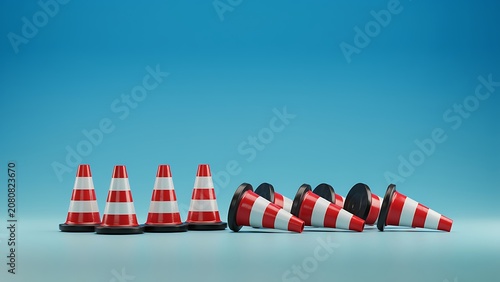 Row of standing and fallen red and white traffic cones on blue background, road cones safety cones design