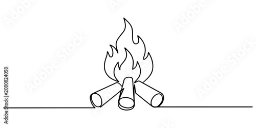 фотографія Continuous single line drawing of a burning campfire with logs and flickering fl