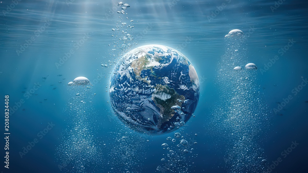 Fototapeta premium Underwater Earth, globe submerged in ocean, blue planet, eco concept