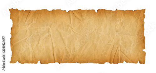 Old crumpled mediaeval Parchment paper scroll isolated on white