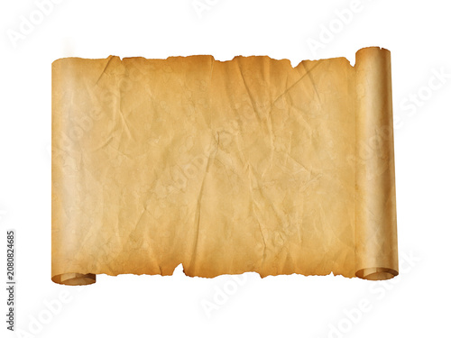 Old crumpled mediaeval Parchment paper scroll isolated on white