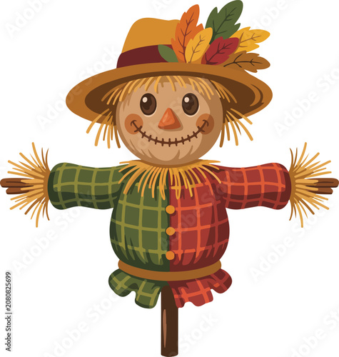 Konstfotografi Smiling Scarecrow Wearing Plaid Shirt and Hat with Leaves on White Background