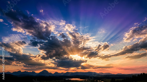 Dramatic natural cloud sunset mountain landscape with crepuscular rays