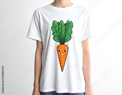 A person wearing a white t-shirt with an illustrated carrot design