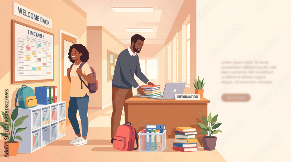 Fototapeta premium Back to School Campus Welcome with Student and Teacher