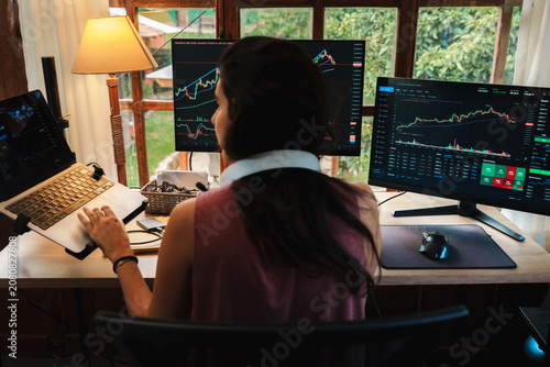 woman Trading Stock on Multiple Screens at Home office setup