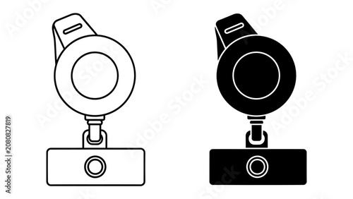 Konstfotografi Retractable Badge Reel Icon: A clean, minimalist illustration featuring two badge reels, one in outline and one in solid black, showcasing their retractable mechanism and clip