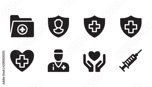 Schilderij op canvas Standard medical icon set featuring health record folders shields hearts doctors and vaccines icons