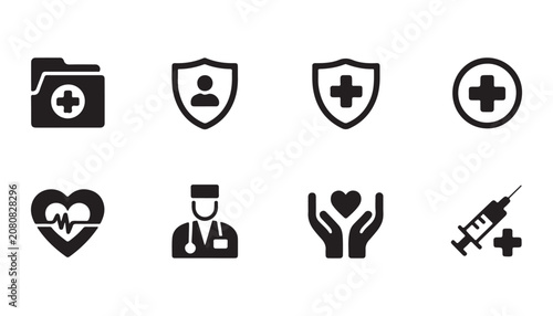 Collection of medical icons showcasing hospital folders doctors hearts and syringes on grey backdrop.