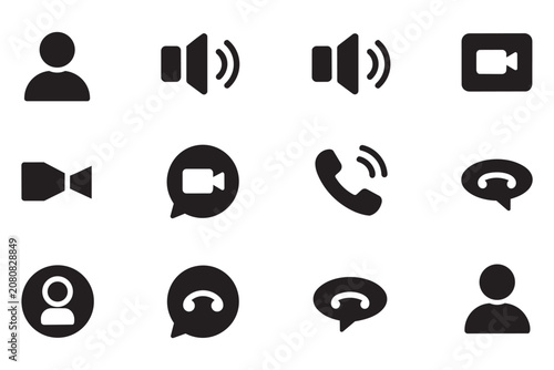 Professional vector set of communication icons including user profile pictures video chat symbols telephone receivers and audio volume indicators for digital apps.