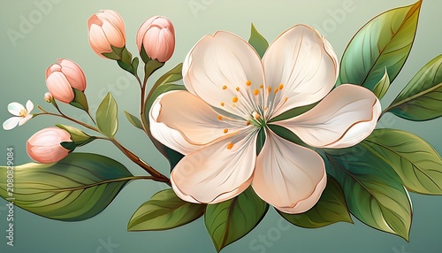 Delicate Spring Blossom With Green Leaves Illustration
