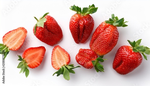 Flat Lay Of Fresh Strawberries With Cut In Half Isolated On White