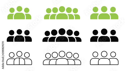 Set of human silhouette icons representing various team sizes and crowds, featuring green filled black solid and thin line styles for website design.
