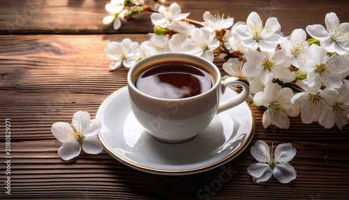 Coffee Cup Rests Beside Blooming White Flowers Wooden Table Holds Warm Tranquil Stillness White Blossoms Cascade Gently Beside The Cup