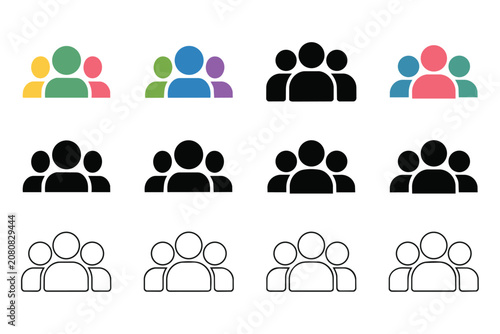 Multiple variations of three person group icons including multi color solid black and thin line versions representing leadership and team cooperation.